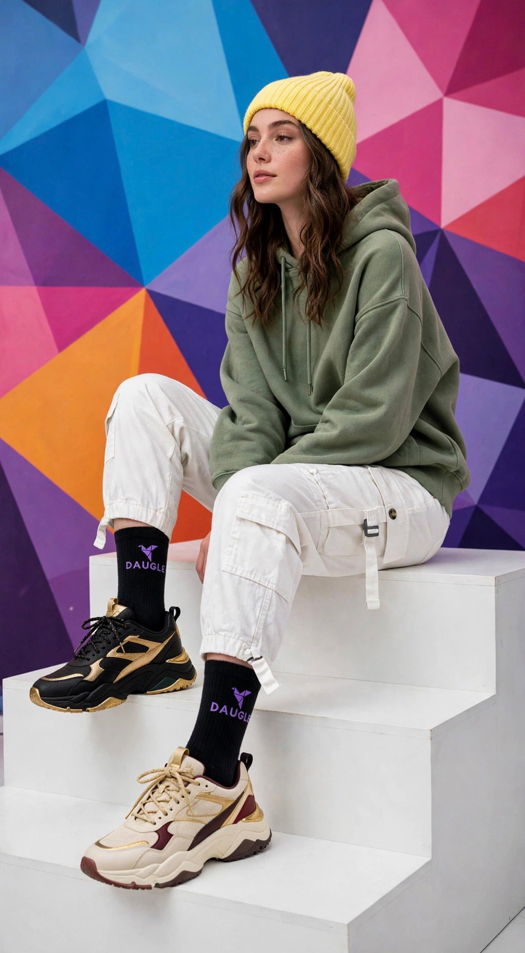 DAUGLE Unisex Crew Socks - Black/Purple (2-Pack)