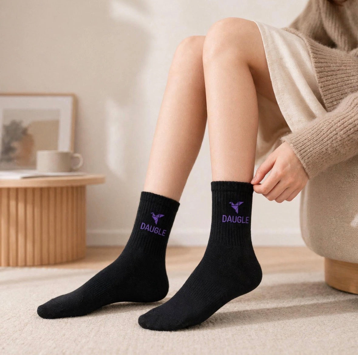 DAUGLE Unisex Crew Socks - Black/Purple (2-Pack)