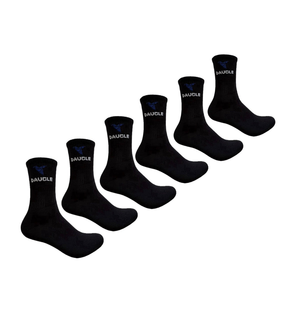 DAUGLE Men's Crew Socks Black with Logo Cotton Blend, 3 Pack, Casual socks, Athletic Style, elastic, for Everyday Wear.