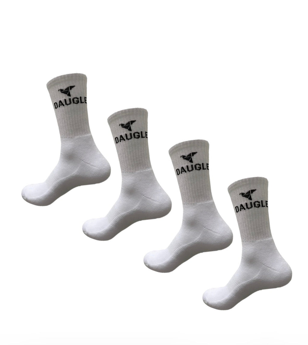 DAUGLE White Sports Crew Socks | Athletic Training | Logo Print | 2-Pack