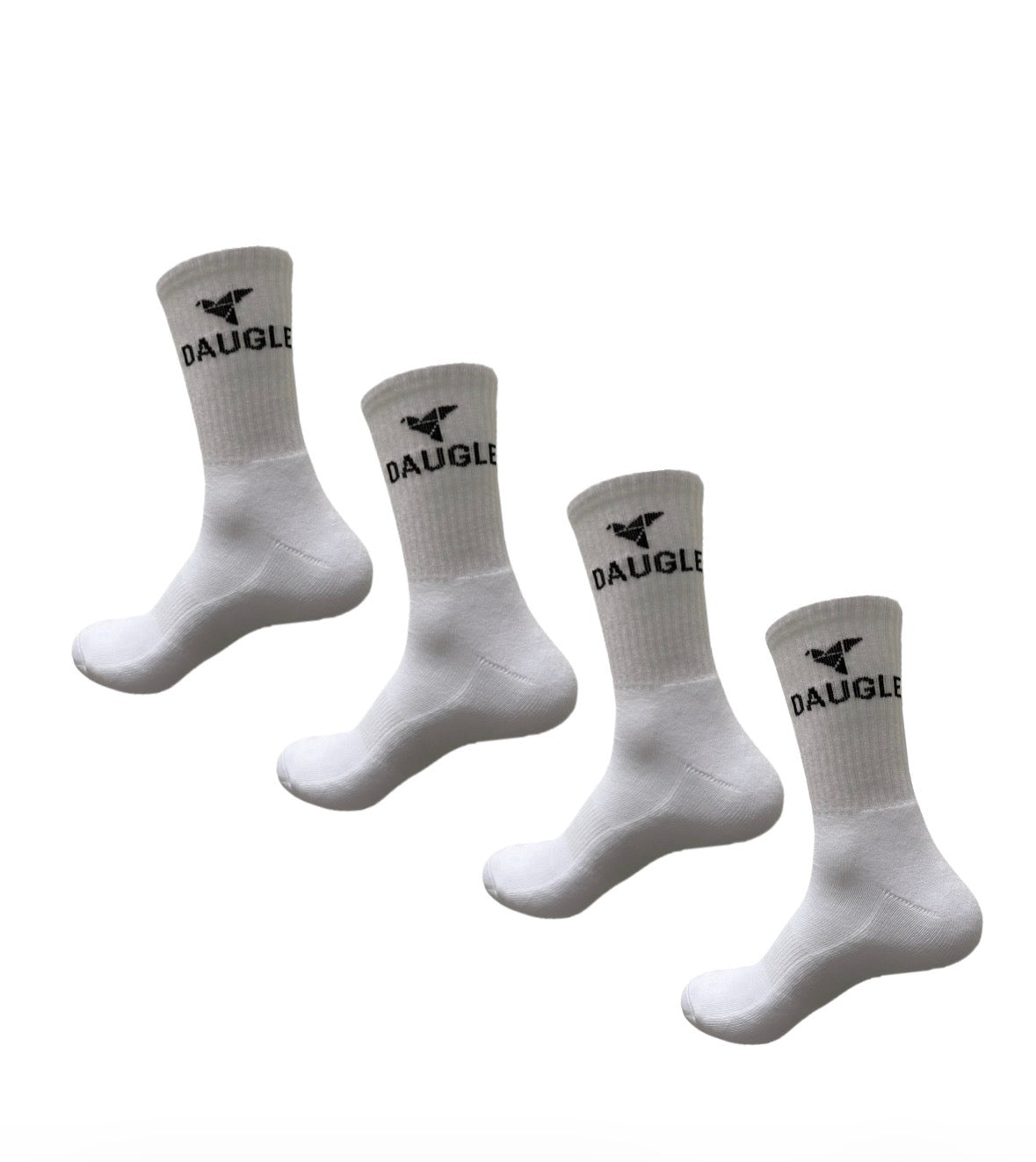 DAUGLE White Sports Crew Socks | Athletic Training | Logo Print | 2-Pack