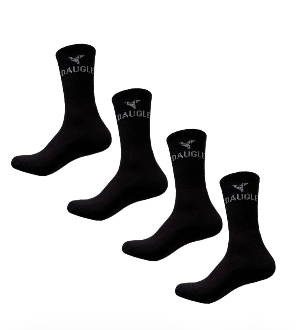 DAUGLE Black Sports Crew Socks | Athletic Training | Logo Print | 2-Pack