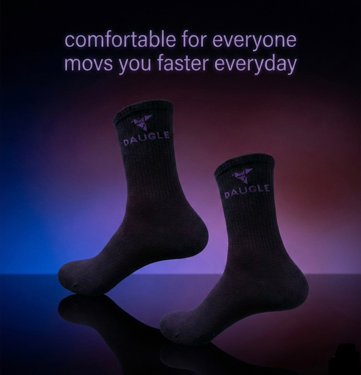 DAUGLE Unisex Socks, black with purple logo, comfort meets style, EU 38-44 (2 pairs per pack)