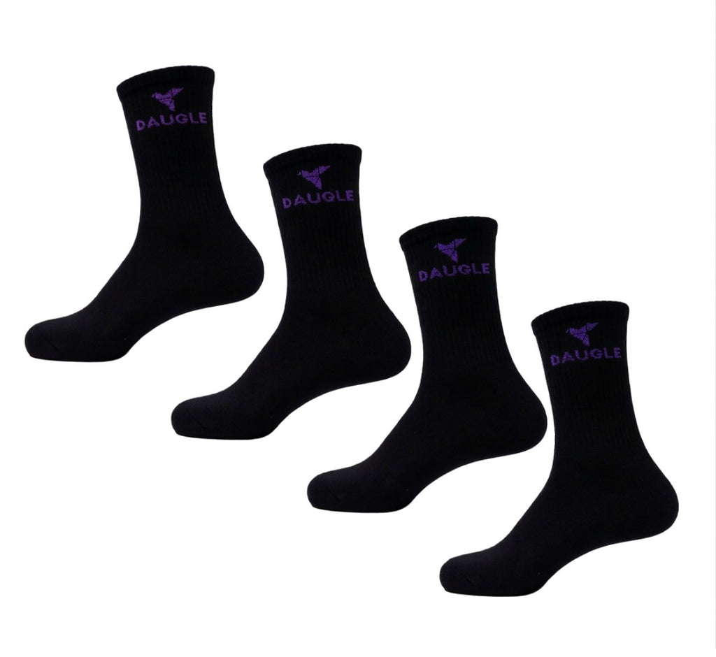 DAUGLE Unisex Socks, black with purple logo, comfort meets style, EU 38-44 (2 pairs per pack)