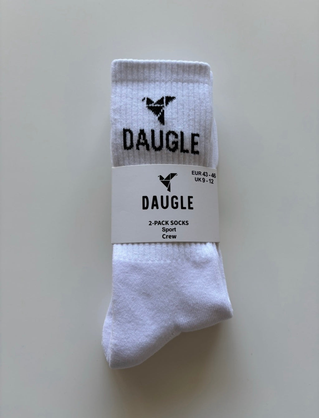 DAUGLE White Sports Crew Socks | Athletic Training | Logo Print | 2-Pack