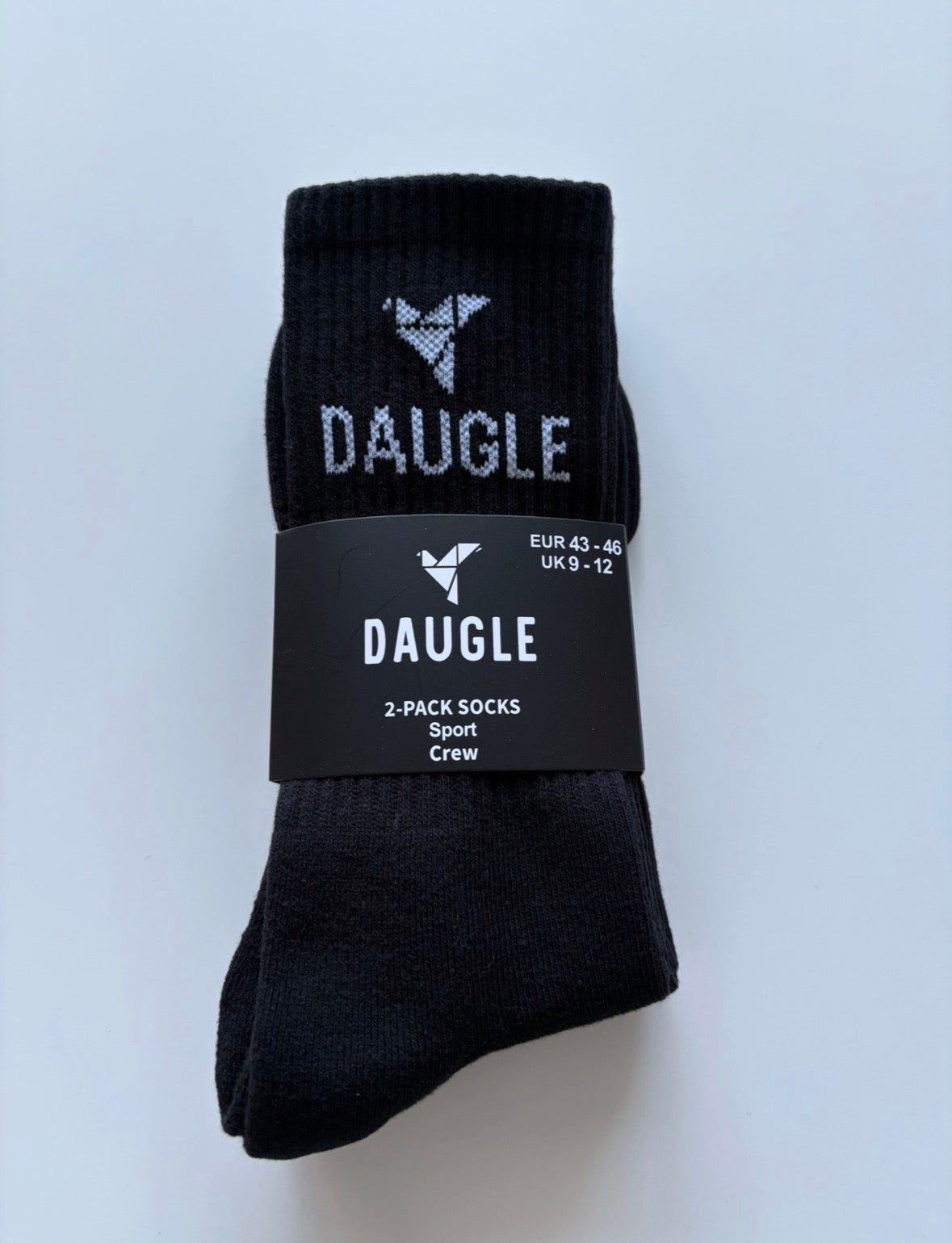 DAUGLE Black Sports Crew Socks | Athletic Training | Logo Print | 2-Pack