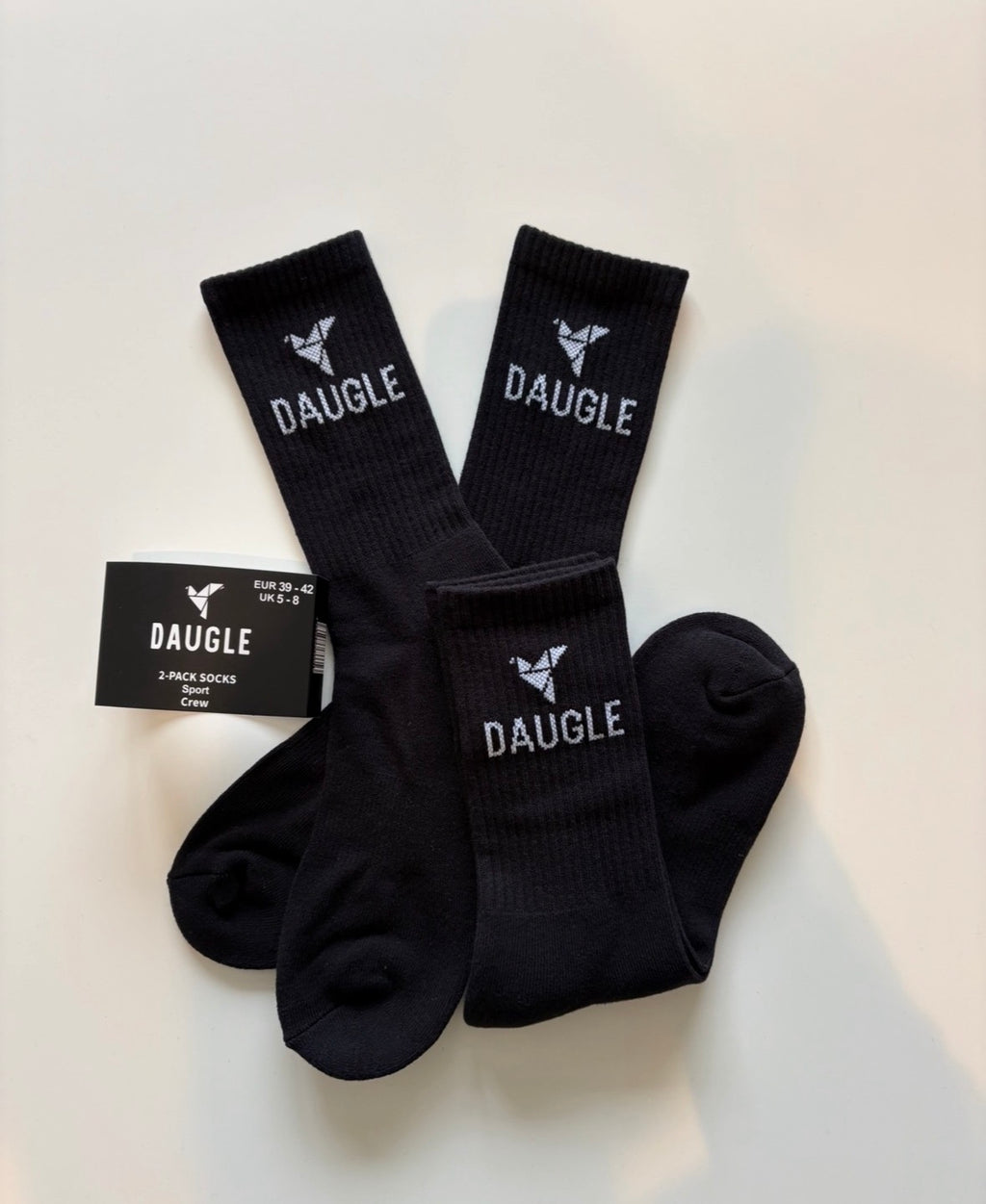 DAUGLE Black Sports Crew Socks | Athletic Training | Logo Print | 2-Pack