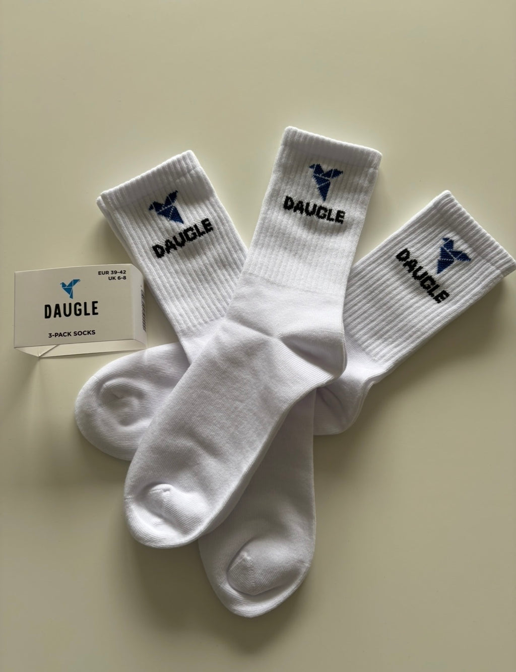 DAUGLE White Cotton Blend Crew Socks with Logo, 3 Pairs, Breathable, elastic, sport style, for every day wear