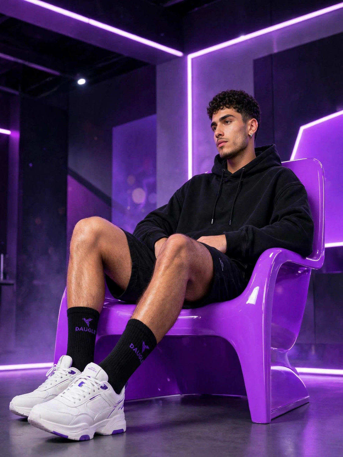 DAUGLE Unisex Crew Socks - Black/Purple (2-Pack)